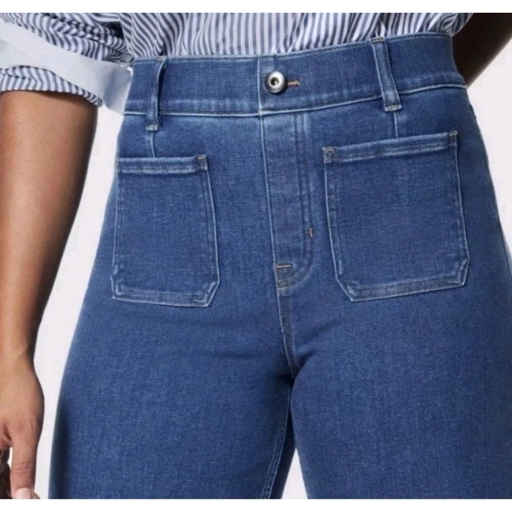 Spanx Air Essential Wide Leg High Rise Patch Pocket Jeans Pull-On Size M Stretch - Picture 2 of 16